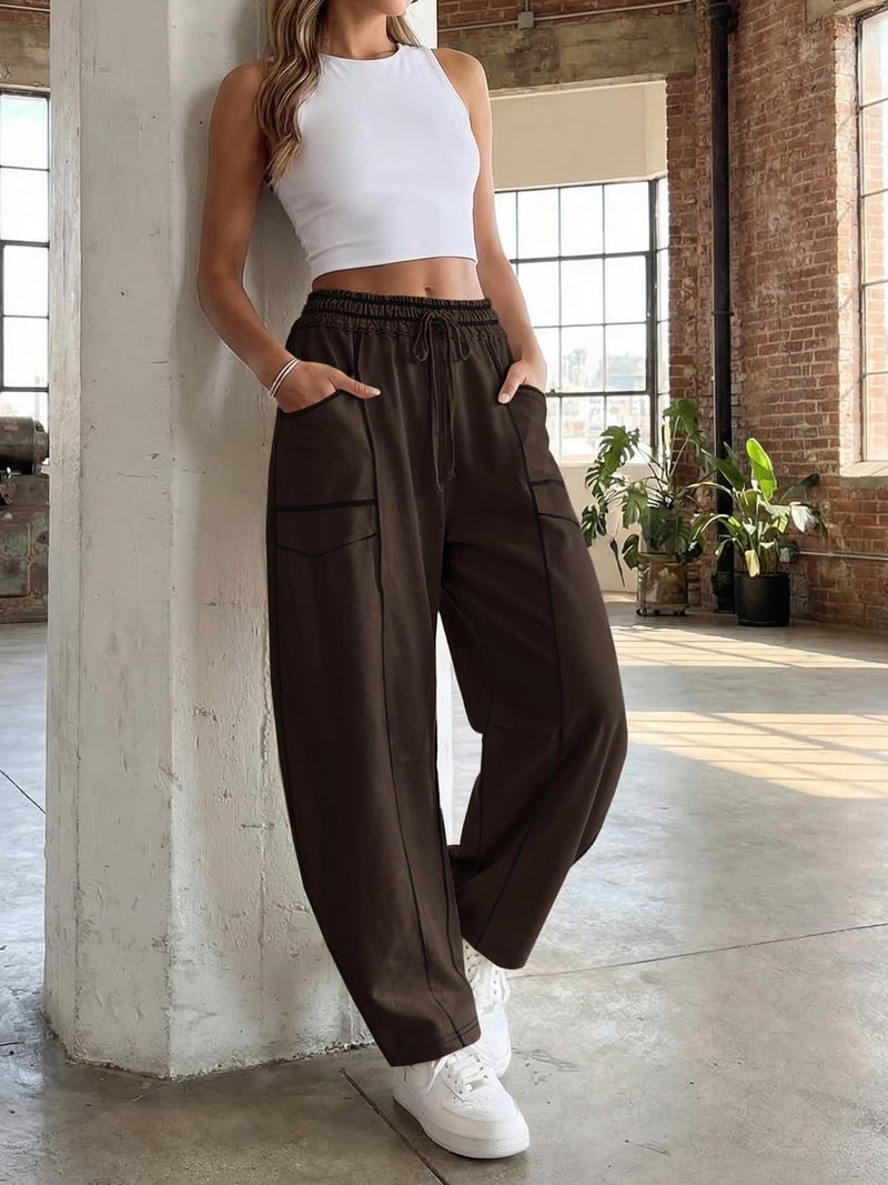 Aoysky Womens Baggy Barrel Wide Leg Pants Casual Drawstring Elastic Waist Contrast Stitch Workout Sweat Pants with Pockets Coffee - Image 4