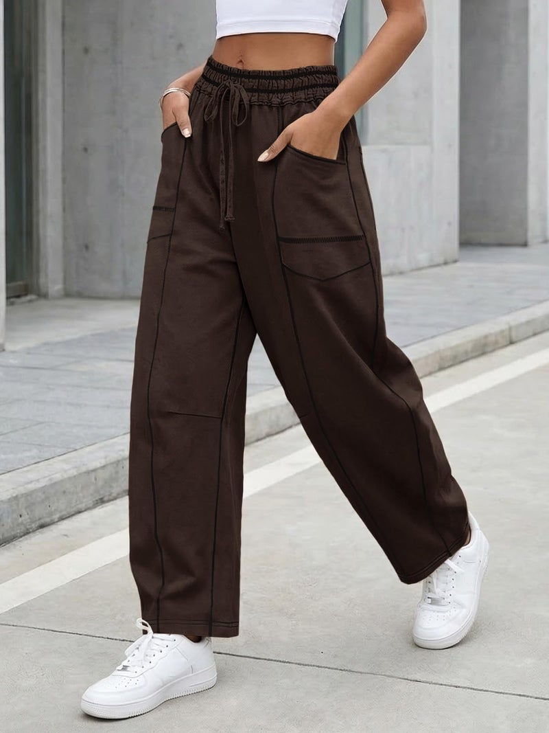Aoysky Womens Baggy Barrel Wide Leg Pants Casual Drawstring Elastic Waist Contrast Stitch Workout Sweat Pants with Pockets Coffee - Image 3