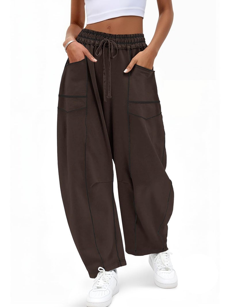 Aoysky Womens Baggy Barrel Wide Leg Pants Casual Drawstring Elastic Waist Contrast Stitch Workout Sweat Pants with Pockets Coffee - Image 1