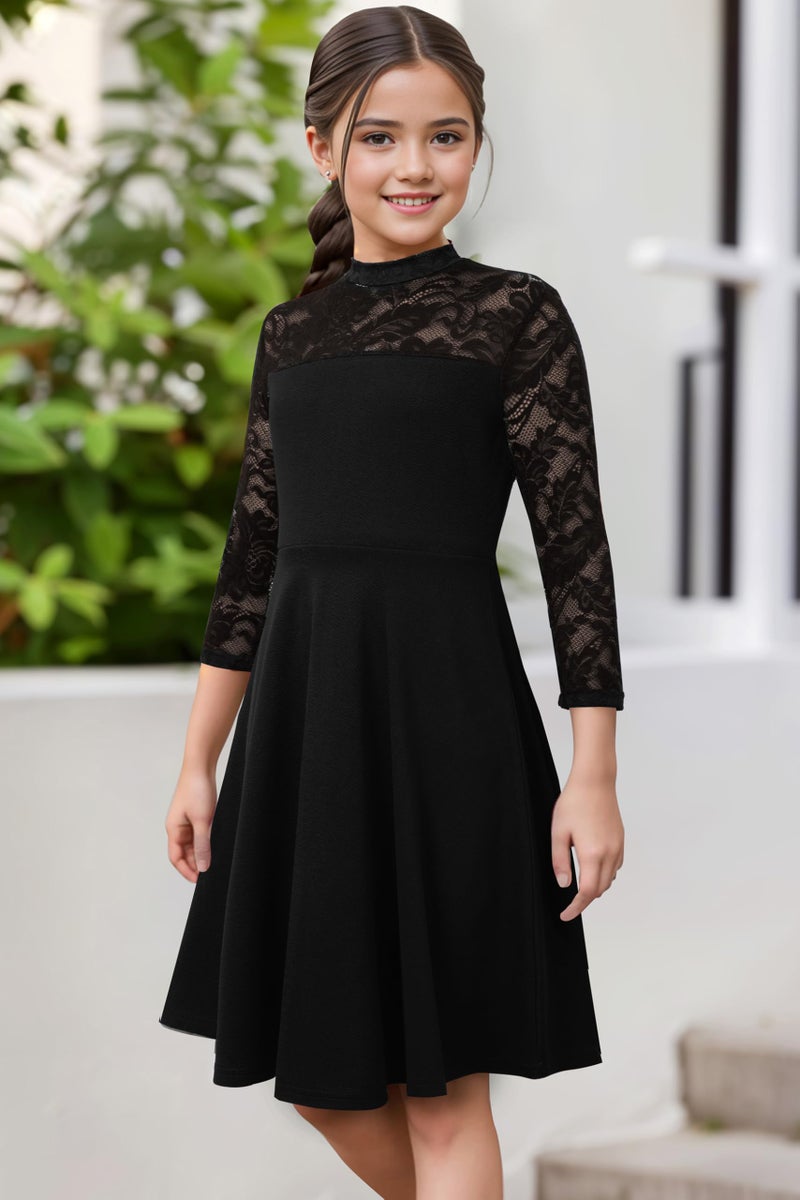 Kilottor Girl's Dress Elegant Floral Lace 3/4 Sleeve Wedding Party A Line Dress 9-14 Years (Black, 13-14 Years) - Image 3