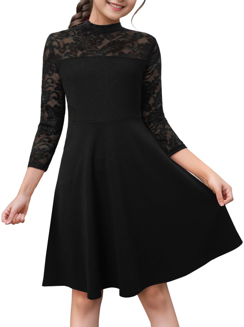 Kilottor Girl's Dress Elegant Floral Lace 3/4 Sleeve Wedding Party A Line Dress 9-14 Years (Black, 13-14 Years) - Image 1