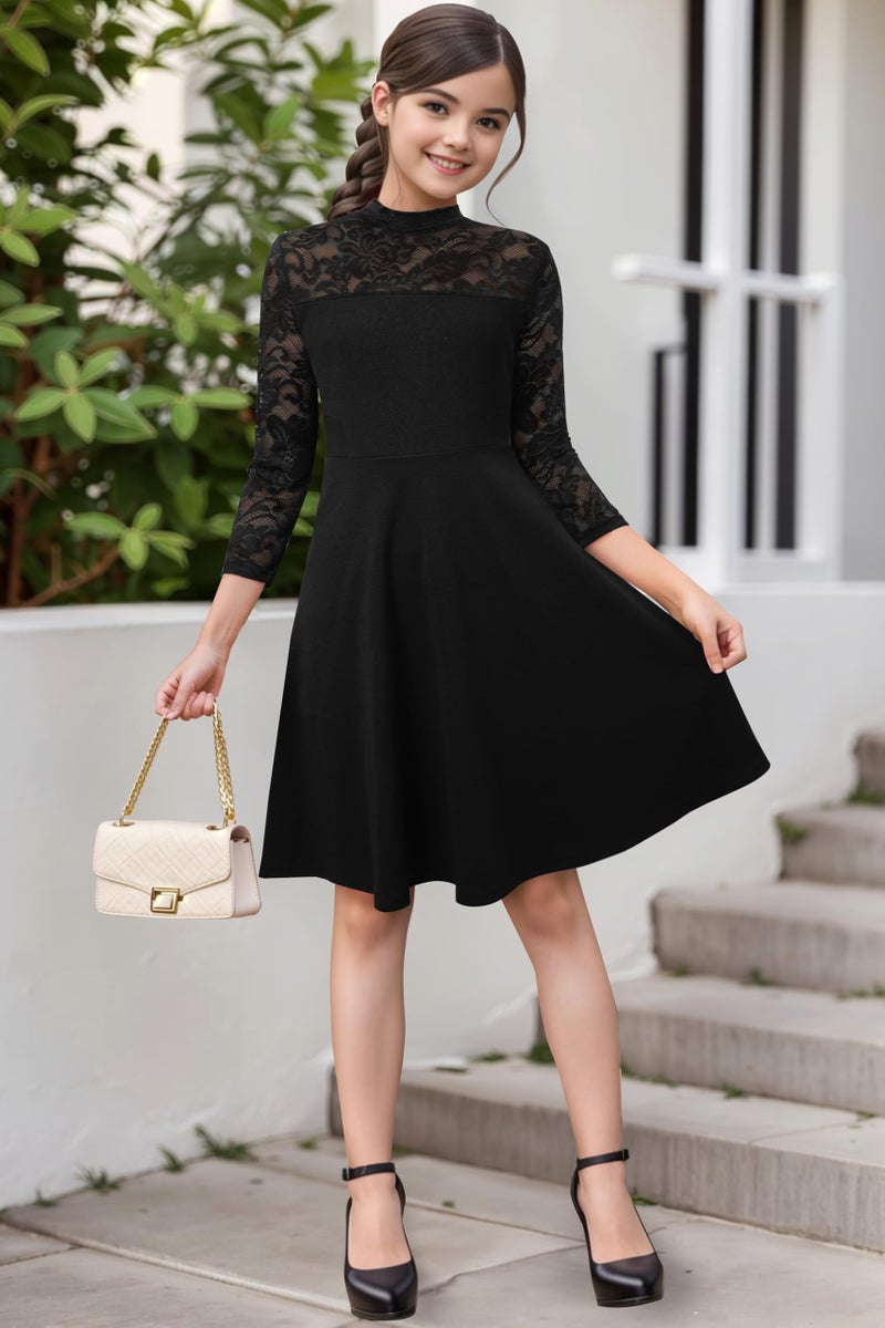 Kilottor Girl's Dress Elegant Floral Lace 3/4 Sleeve Wedding Party A Line Dress 9-14 Years (Black, 13-14 Years) - Image 4