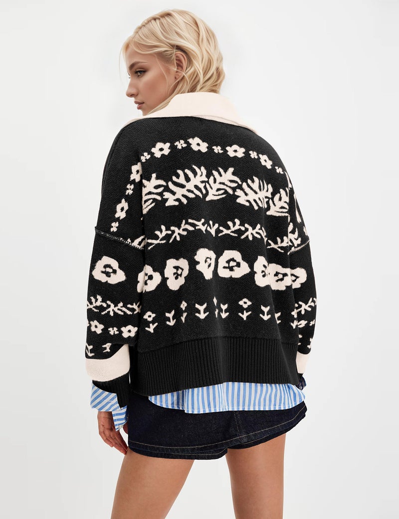 MISSACTIVER Floral Print Button Down Cardigan Sweaters for Women Long Sleeve V Neck Open Front Knit Crop Tops Fall Jacket Black - Image 2