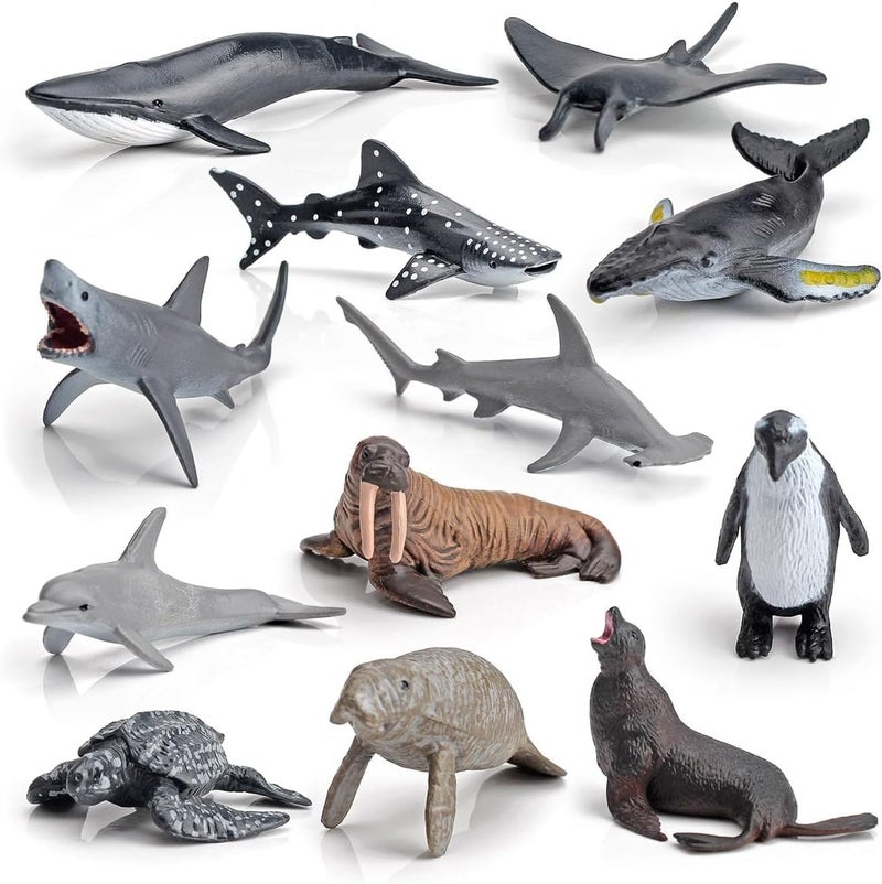 Morofme Mini Ocean Sea Animal Figurines Toys 12pcs Realistic Underwater Sea Creature Figures Arctic Ocean Sea Marine Animal Playset Cake Topper with Shark Whales Penguin Walruses Manatees Dolphin - Image 1
