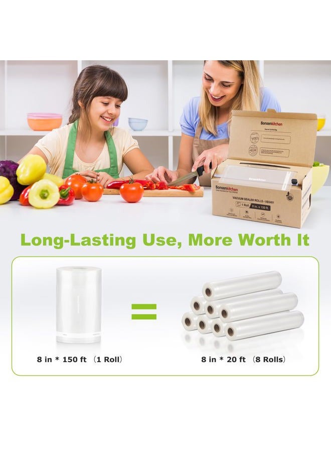 Bonsenkitchen 8” x 150' Food Vacuum Seal Roll Keeper with Cutter, Vacuum Sealer Bags Rolls for Food Storage, Commercial Grade, BPA Free, Great for Meal Prep and Sous Vide Cooking - Image 3