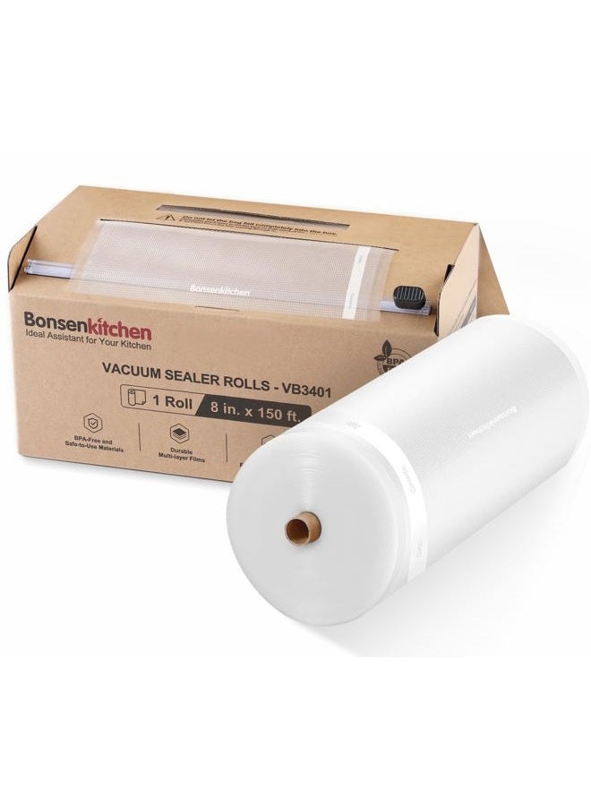 Bonsenkitchen 8” x 150' Food Vacuum Seal Roll Keeper with Cutter, Vacuum Sealer Bags Rolls for Food Storage, Commercial Grade, BPA Free, Great for Meal Prep and Sous Vide Cooking - Image 1