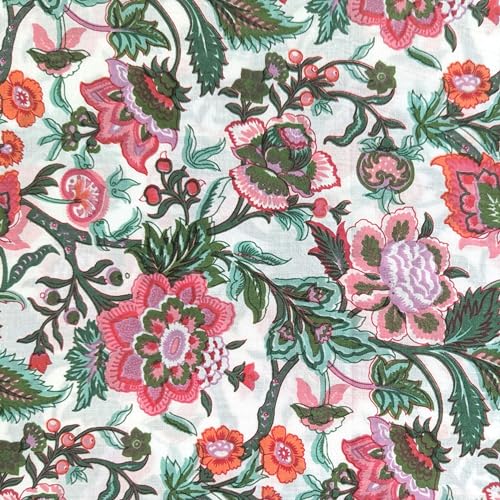 AVKA Studio Hand Block Print Fabric by The Yard - PRECUT 3 Yard 42 Inch Width - 100% Cotton Material - Pink on Off White Floral Pattern - Light Weight Indian Cloth for Making Summer Dress Tops etc - Image 1