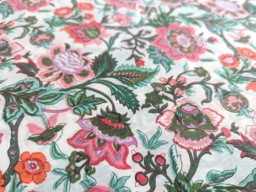 AVKA Studio Hand Block Print Fabric by The Yard - PRECUT 3 Yard 42 Inch Width - 100% Cotton Material - Pink on Off White Floral Pattern - Light Weight Indian Cloth for Making Summer Dress Tops etc - Image 5
