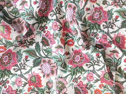 AVKA Studio Hand Block Print Fabric by The Yard - PRECUT 3 Yard 42 Inch Width - 100% Cotton Material - Pink on Off White Floral Pattern - Light Weight Indian Cloth for Making Summer Dress Tops etc - Image 2