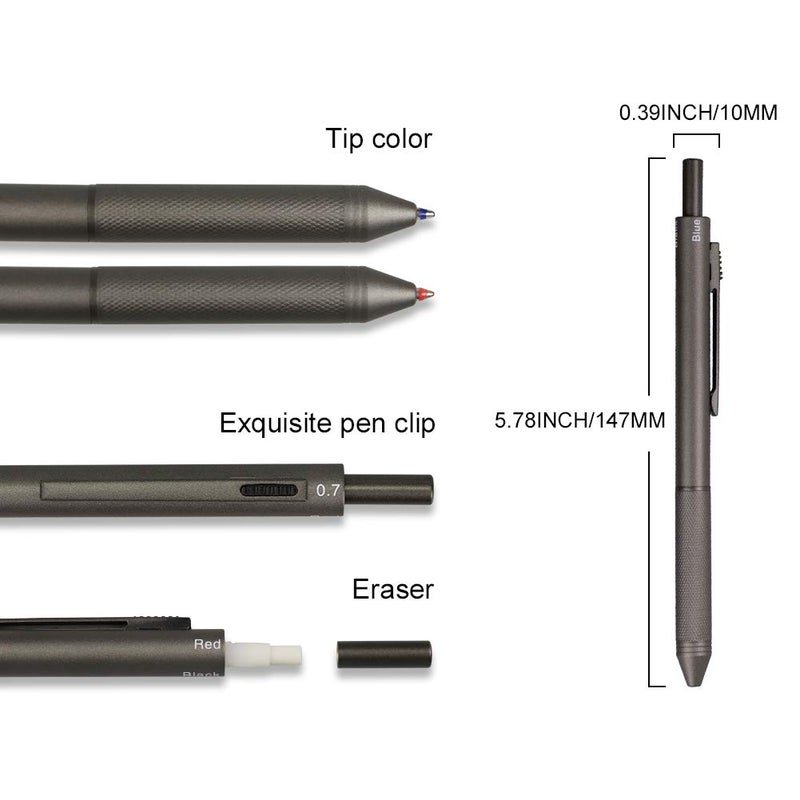 smttw 4 in1 Multi-Function Refillable & Retractable Ballpoint Pen + 0.7mm Mechanical Pencil, Fine Point, Grey Metal Barrel, With Black/Red/Blue Inks Color Code, Multicolor Pen With Metal Gift Box - Image 2