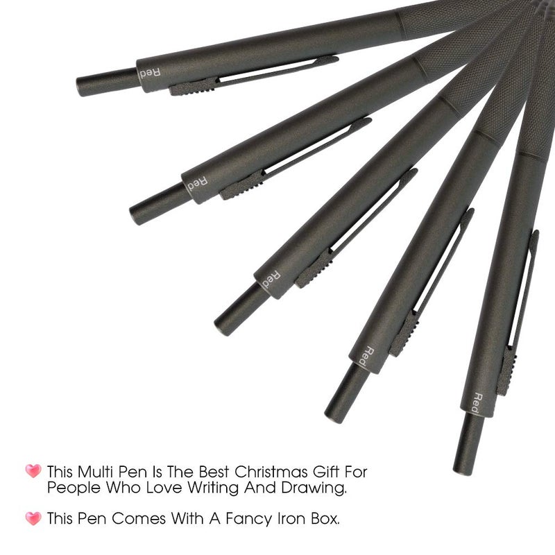 smttw 4 in1 Multi-Function Refillable & Retractable Ballpoint Pen + 0.7mm Mechanical Pencil, Fine Point, Grey Metal Barrel, With Black/Red/Blue Inks Color Code, Multicolor Pen With Metal Gift Box - Image 4