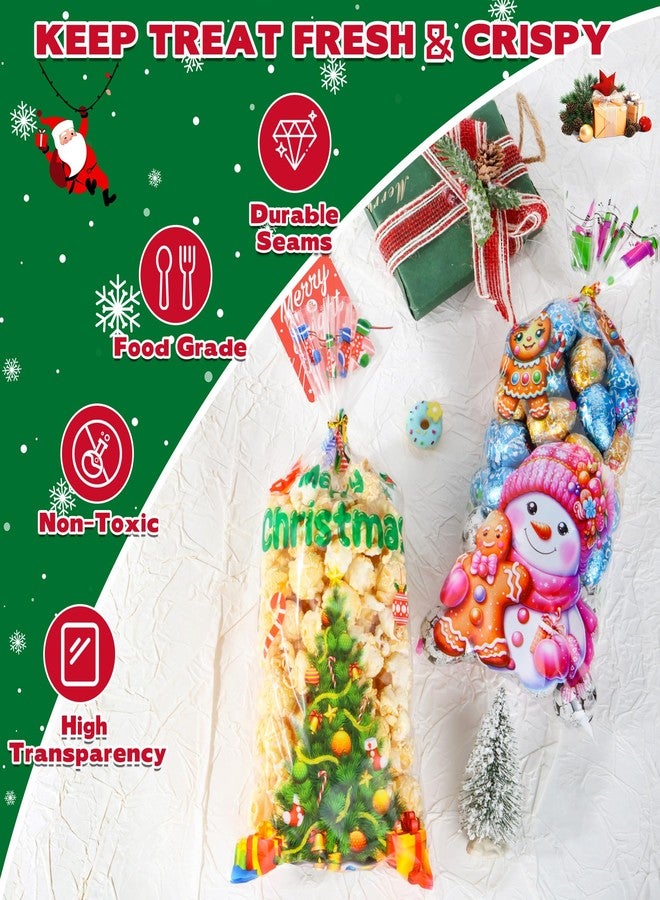 QOIUSO 50 Pcs Christmas Treat Bags with 60 Gold Twist Ties – 5 Festive Designs Clear Christmas Cellophane Holiday Candy Gift Bags for Cookies, Goodies & Party Favors - Image 5