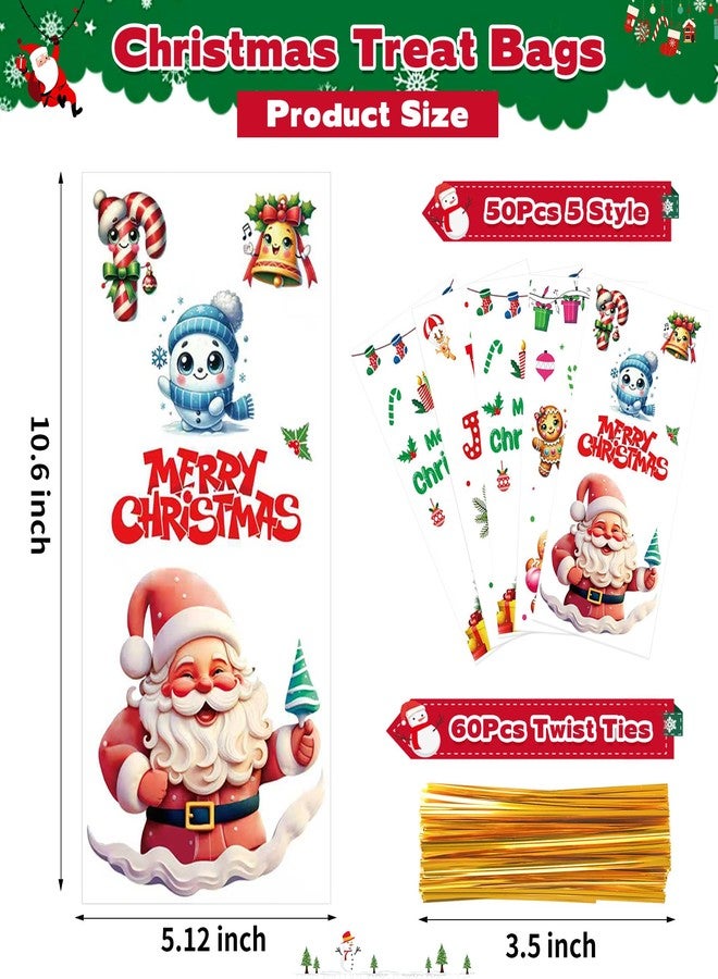 QOIUSO 50 Pcs Christmas Treat Bags with 60 Gold Twist Ties – 5 Festive Designs Clear Christmas Cellophane Holiday Candy Gift Bags for Cookies, Goodies & Party Favors - Image 2