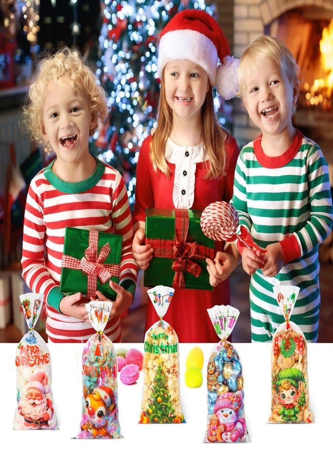 QOIUSO 50 Pcs Christmas Treat Bags with 60 Gold Twist Ties – 5 Festive Designs Clear Christmas Cellophane Holiday Candy Gift Bags for Cookies, Goodies & Party Favors - Image 4