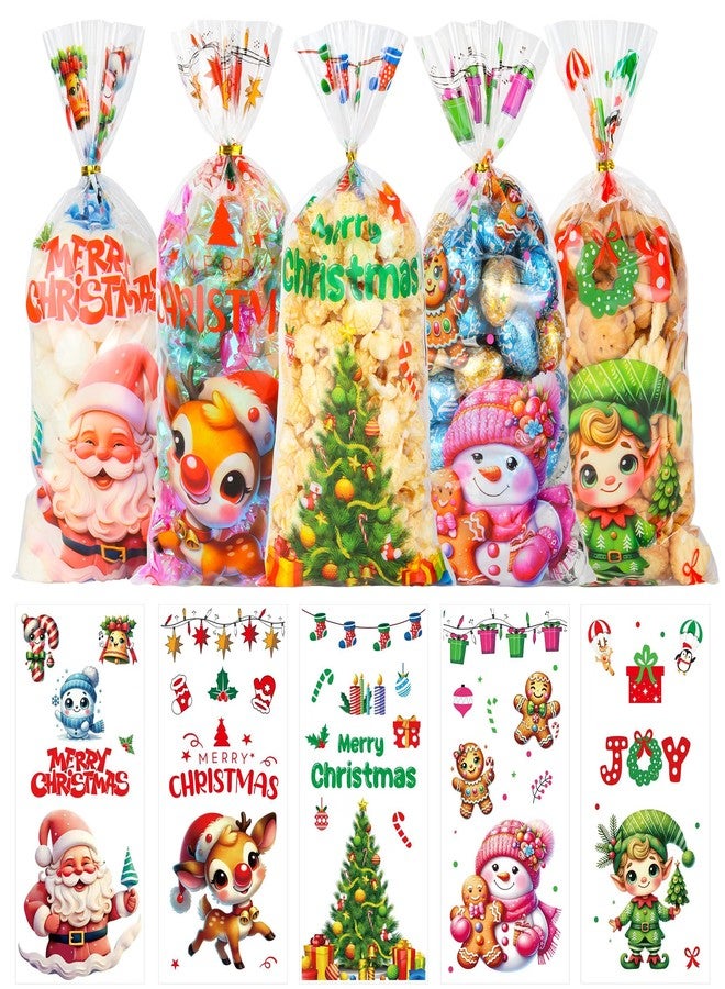 QOIUSO 50 Pcs Christmas Treat Bags with 60 Gold Twist Ties – 5 Festive Designs Clear Christmas Cellophane Holiday Candy Gift Bags for Cookies, Goodies & Party Favors - Image 1