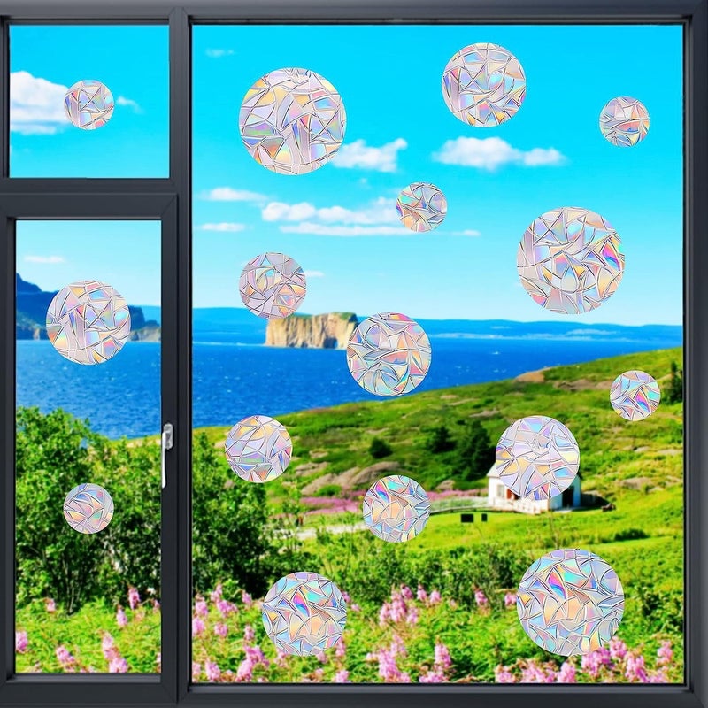 Shawula 36PCS Circle Window Clings - Anti-Collision Window Decals to Save Birds from Window Collisions,Non Adhesive Prismatic Vinyl Window Clings, Rainbow Stickers - Image 2