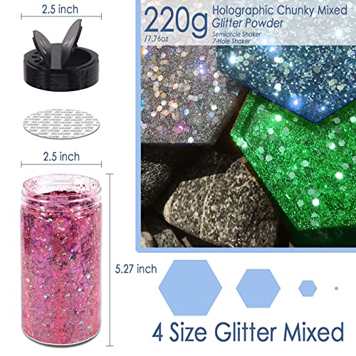 Matio Holographic Chunky Glitter, 7.8oz/220g Black Craft Glitter for Resin Chunky Nail Flake Sequin Mixed Fine Glitter Powder Bulk Black Glitter for Rose Flower Nail Art DIY Tumbler Festival Decor - Image 5