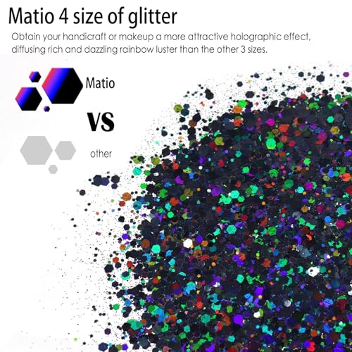 Matio Holographic Chunky Glitter, 7.8oz/220g Black Craft Glitter for Resin Chunky Nail Flake Sequin Mixed Fine Glitter Powder Bulk Black Glitter for Rose Flower Nail Art DIY Tumbler Festival Decor - Image 2