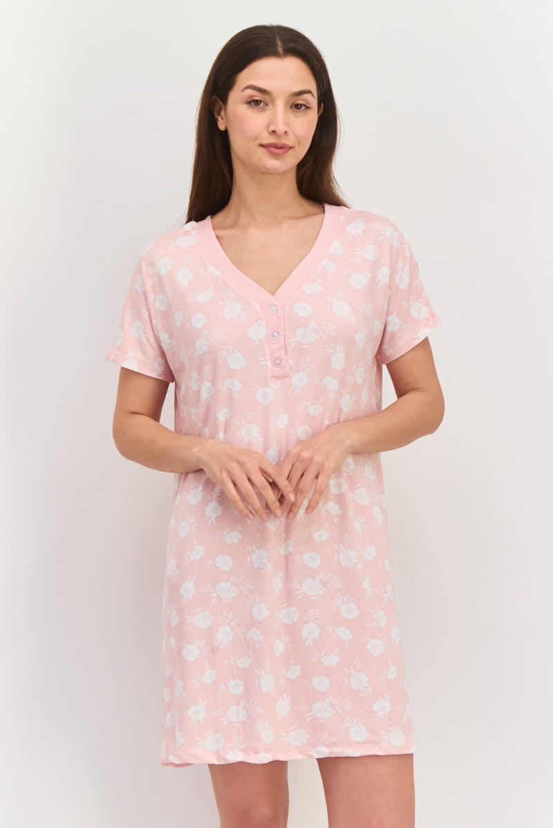 ANNE KLEIN Women Floral Print Short Sleeve Sleepwear Dress, Pink - Image 1