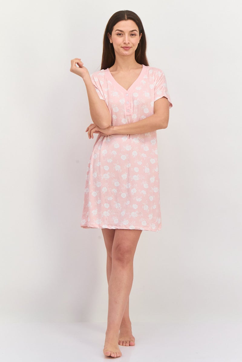 ANNE KLEIN Women Floral Print Short Sleeve Sleepwear Dress, Pink - Image 4
