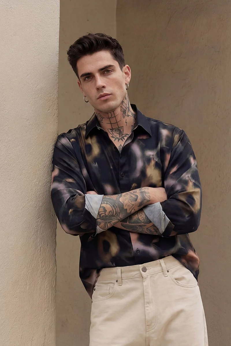 SNITCH Black Paisley Long Sleeve Slim Fit Casual Shirt