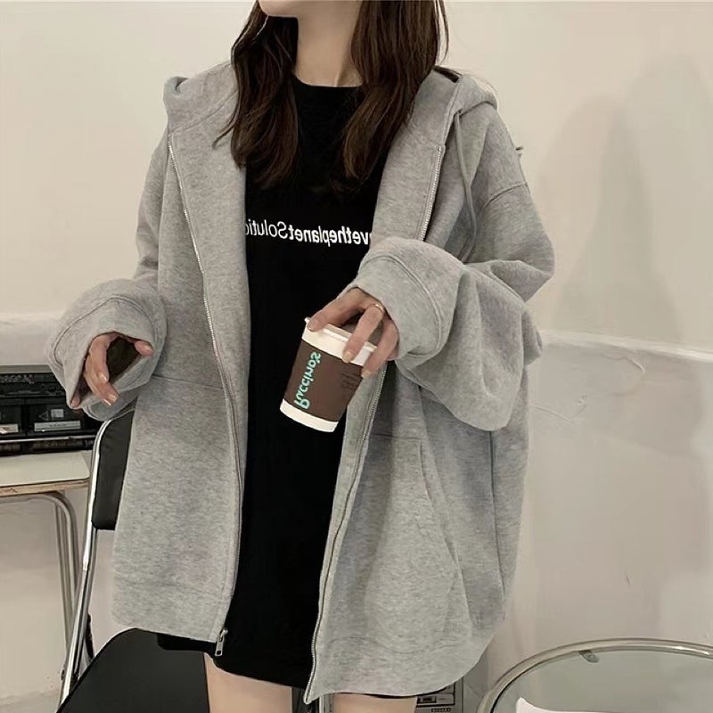 2023 Spring Autumn Black Hoodie Womens Casual Plus Velvet Chic Korean Jacket Gray fleece-lined  - Image 1