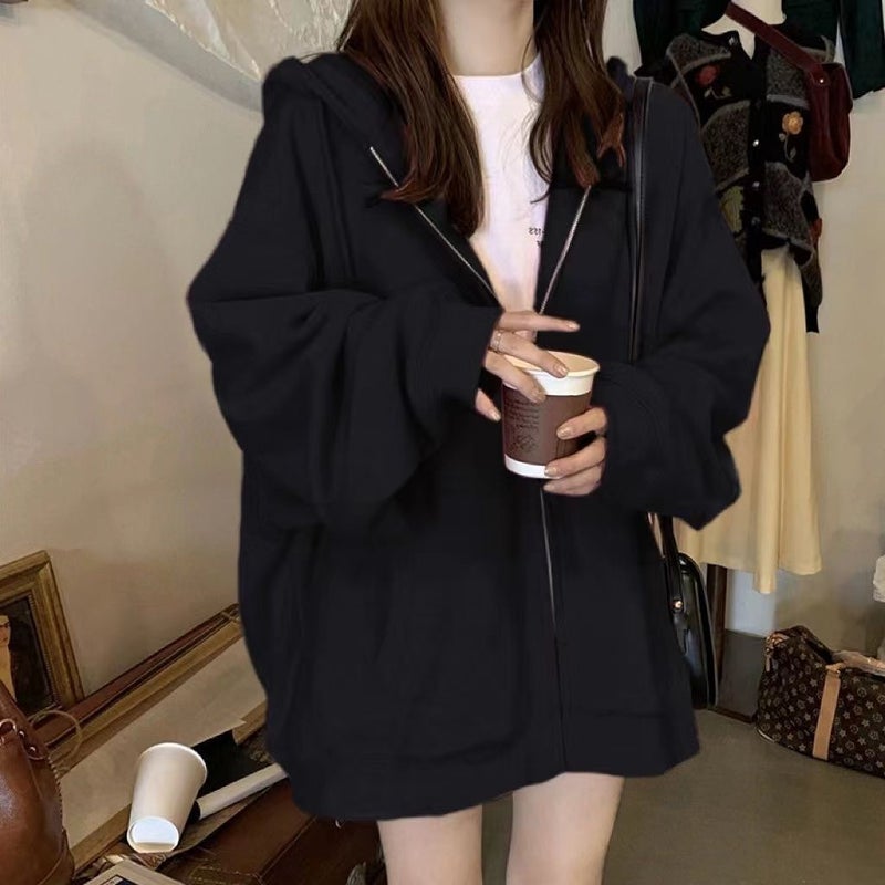 2023 Spring Autumn Black Hoodie Womens Casual Plus Velvet Chic Korean Jacket Gray fleece-lined  - Image 2