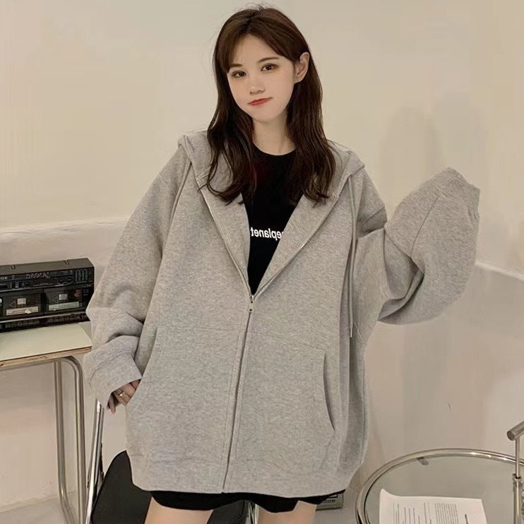2023 Spring Autumn Black Hoodie Womens Casual Plus Velvet Chic Korean Jacket Gray fleece-lined  - Image 3