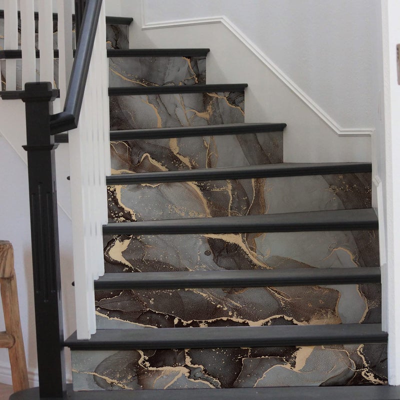 funlife 14Pcs Art Deco Modern Marble Peel and Stick Vinyl Stair Riser Decals Stickers, 39.37"x7.09" Dark Grayish Orange Marble - Image 2