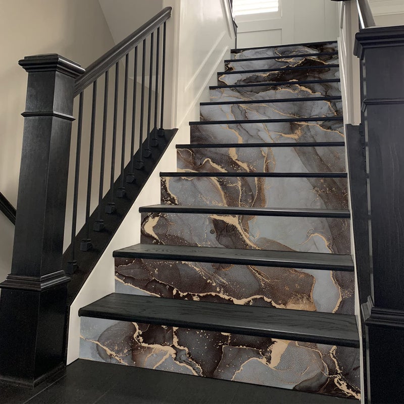 funlife 14Pcs Art Deco Modern Marble Peel and Stick Vinyl Stair Riser Decals Stickers, 39.37"x7.09" Dark Grayish Orange Marble - Image 1