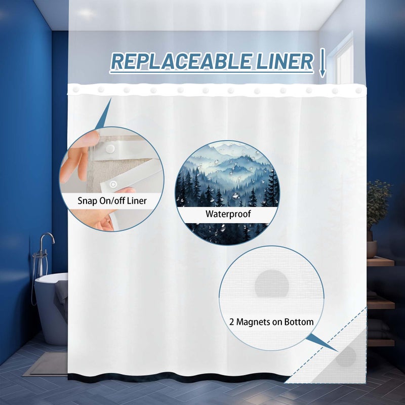 QGHOT Forest Hookless Shower Curtain with Snap in Liner  Nature Mountain No Hook Double Layer Shower Curtain and Liner Set  Ringless with Window Waterproof Cloth Fabric  71"" W x 74"" L  Blue - Image 3