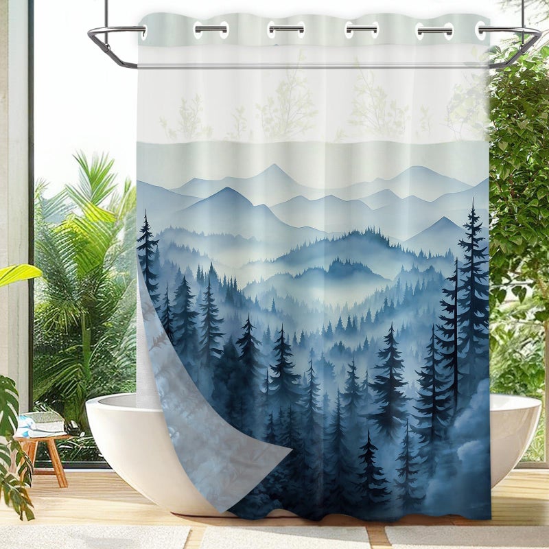 QGHOT Forest Hookless Shower Curtain with Snap in Liner  Nature Mountain No Hook Double Layer Shower Curtain and Liner Set  Ringless with Window Waterproof Cloth Fabric  71"" W x 74"" L  Blue - Image 1