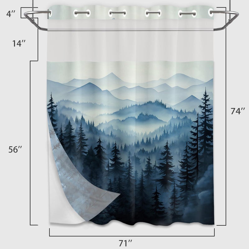 QGHOT Forest Hookless Shower Curtain with Snap in Liner  Nature Mountain No Hook Double Layer Shower Curtain and Liner Set  Ringless with Window Waterproof Cloth Fabric  71"" W x 74"" L  Blue - Image 5