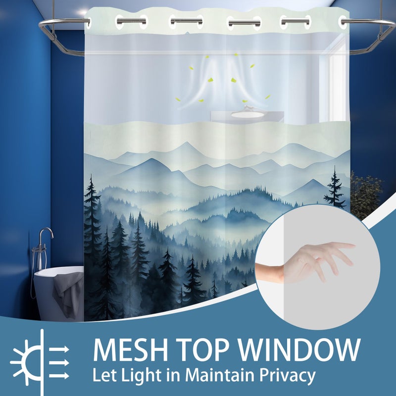 QGHOT Forest Hookless Shower Curtain with Snap in Liner  Nature Mountain No Hook Double Layer Shower Curtain and Liner Set  Ringless with Window Waterproof Cloth Fabric  71"" W x 74"" L  Blue - Image 2