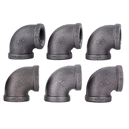 PIPE DECOR 90Degree Elbow Fitting 34 Inch Black Malleable Iron Set of 6 For Plumbing DIY Furniture and Standard 34 Inch Plumbing Pipe - Image 1