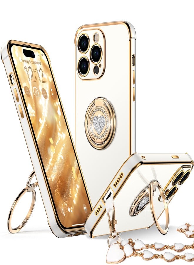 XYZ for iPhone 15 Pro Max Case with Ring, Double Ring Holder Stand Case Heart with Strap for Girls Women, Luxury Cute Bling Protective Phone Cover Case for iPhone 15 Pro Max, White - Image 1