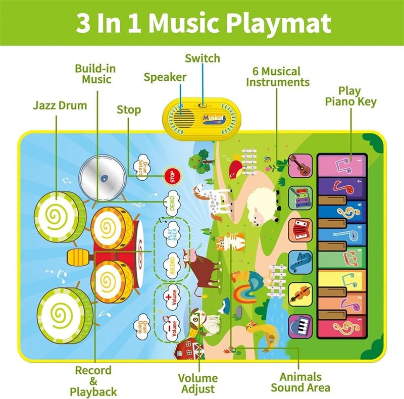 3 in 1 Musical Toys Blanket, Piano Keyboard, Drum Mat with 2 Drum Sticks, Animal Touch Play Blanket, Toys Children - Image 4