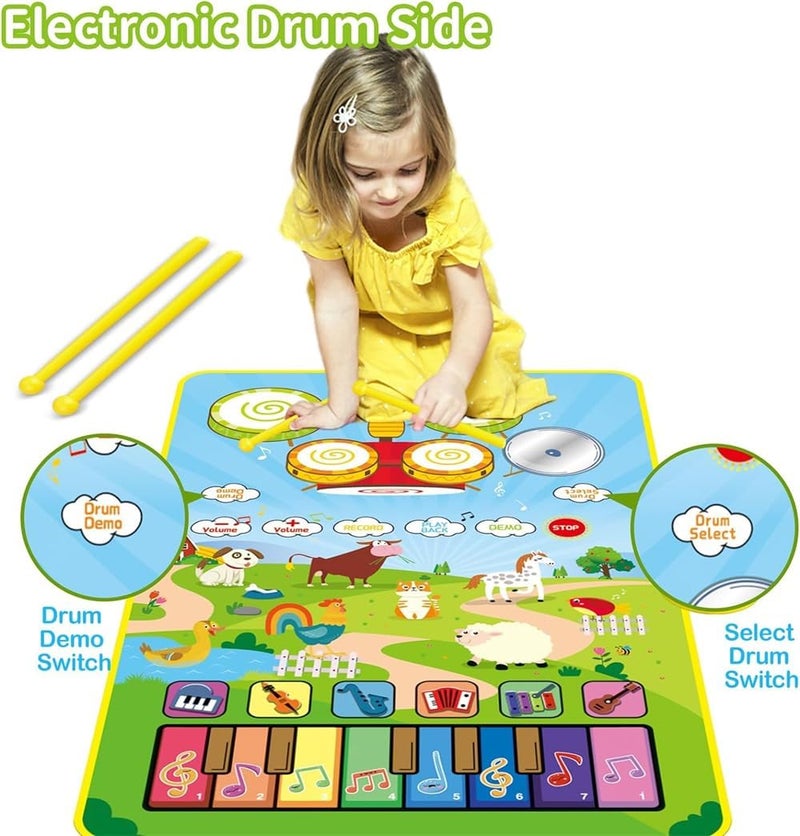 3 in 1 Musical Toys Blanket, Piano Keyboard, Drum Mat with 2 Drum Sticks, Animal Touch Play Blanket, Toys Children - Image 2