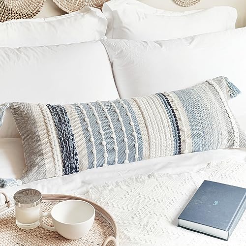 BlissBlush Coastal Blue Decorative Lumbar Pillow Cover 14x36 Boho Long Body Pillow for Bed Farmhouse Lumbar Throw Pillow for Couch Modern Accent Textured Throw Pillowcase - Image 1