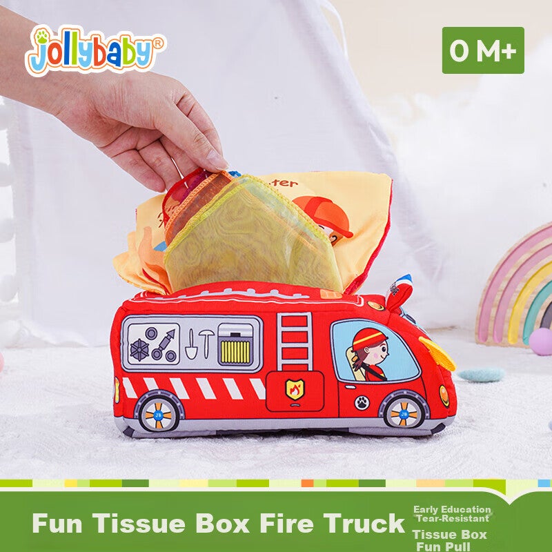 Jollybaby Baby Tissue Paper Toy Box ، موزع الأنسجة المقاوم للدموع للرضع والأطفال الصغار ، تصميم واقعي لحديثي الولادة ، تصميم شاحنة إطفاء للأعمار 0-1 - Image 1