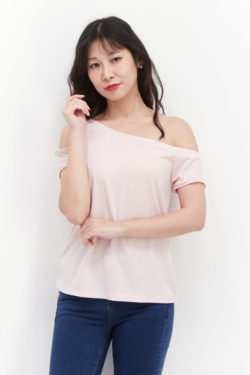 BCBGeneration Women Boat Neck Cold Sleeves Plain Top, Pink - Image 1