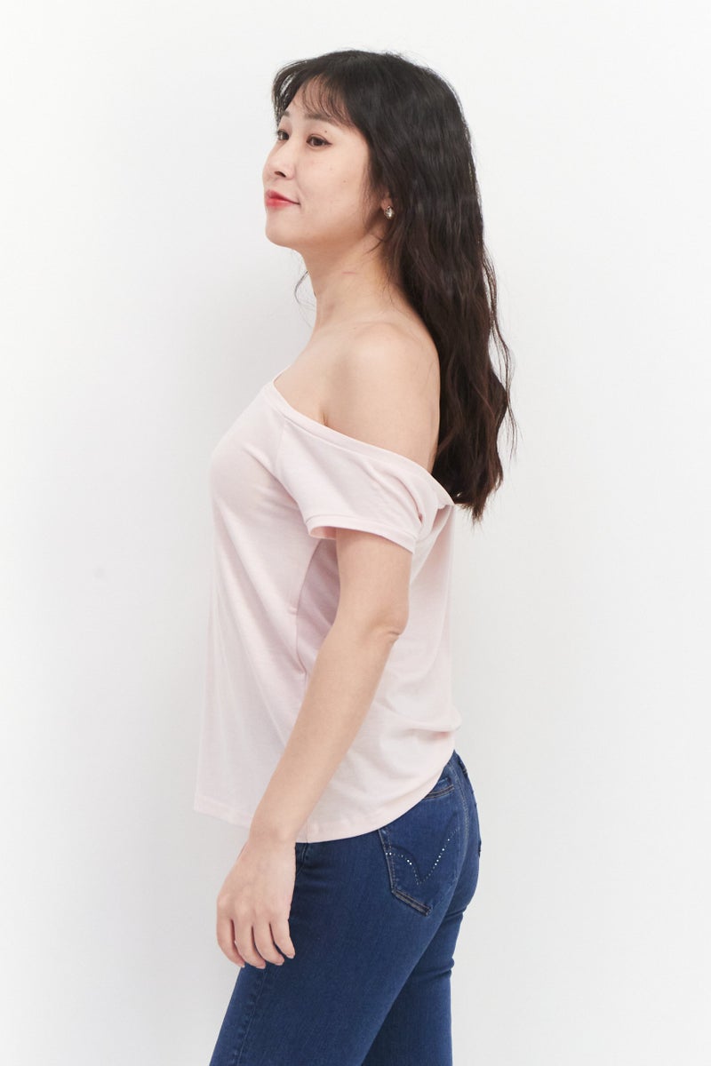 BCBGeneration Women Boat Neck Cold Sleeves Plain Top, Pink - Image 4