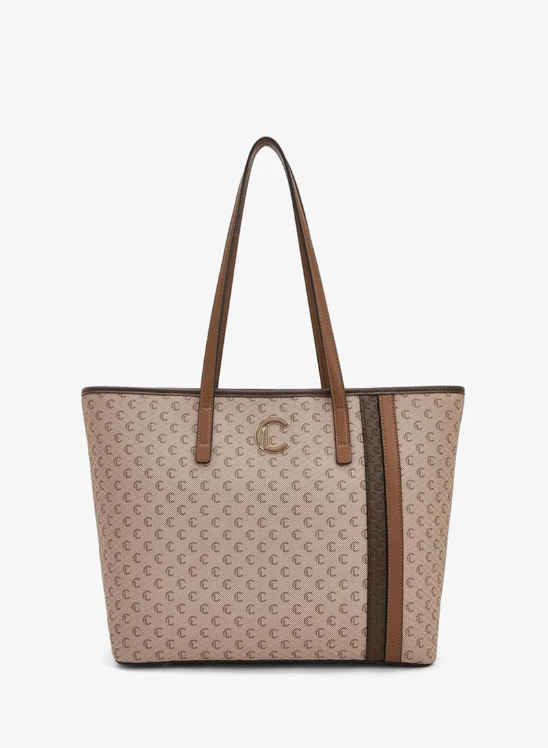 Monogram Print Tote Bag With Zip Closure