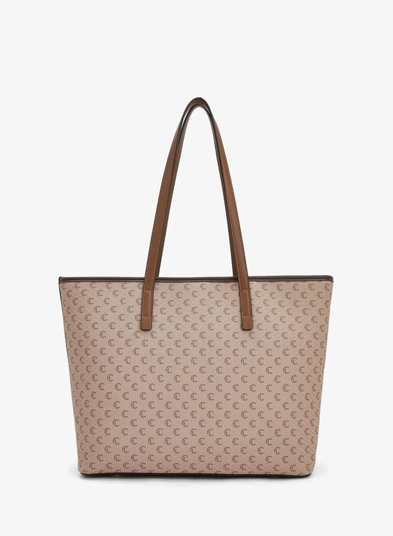 Le Confort BEIGE Monogram Print Tote Bag With Zip Closure for Women | Best Price UAE