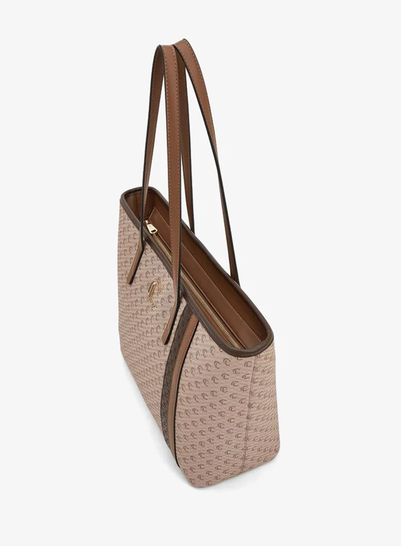 Le Confort BEIGE Monogram Print Tote Bag With Zip Closure for Women | Best Price UAE