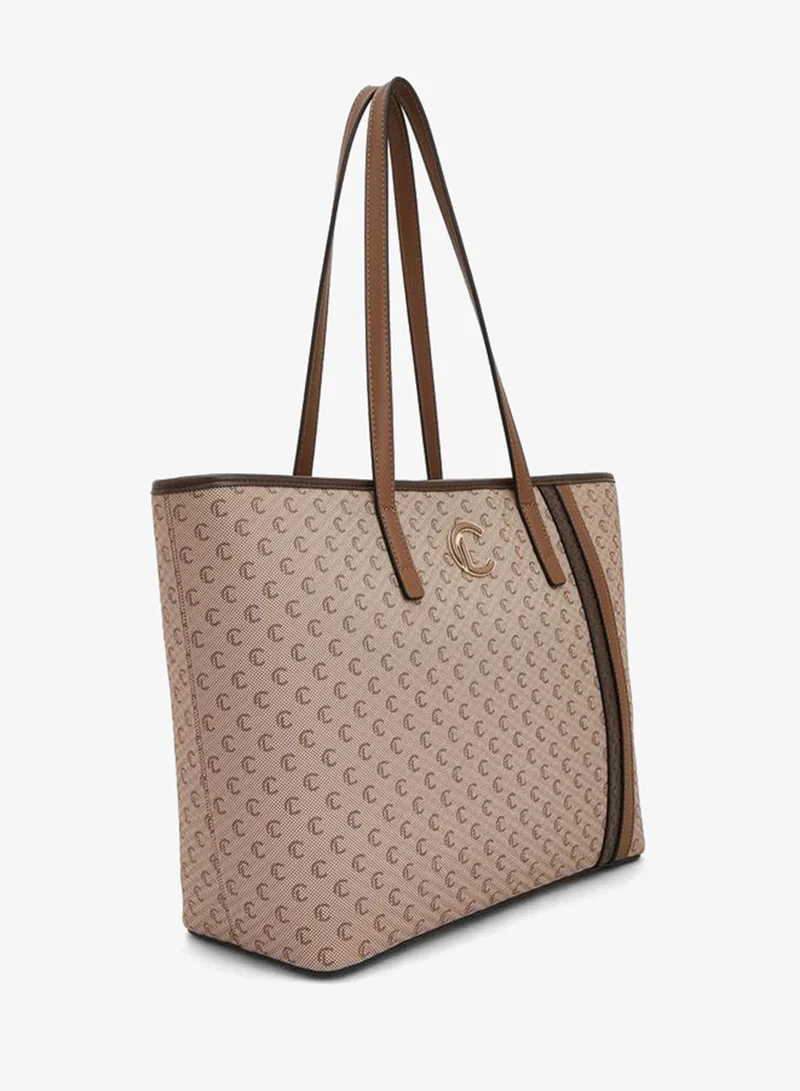 Le Confort BEIGE Monogram Print Tote Bag With Zip Closure for Women | Best Price UAE
