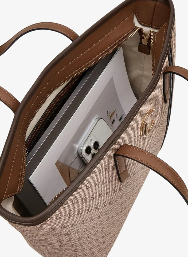 Le Confort BEIGE Monogram Print Tote Bag With Zip Closure for Women | Best Price UAE