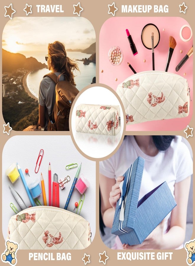 شير مقلمة شير كوكيت فيونكة وردية لطيفة، حقيبة تخزين قطنية ناعمة، حقيبة مكياج أنيقة، هدية مثالية، حقيبة سفر لمستحضرات التجميل للنساء، أبيض، 7.5 بوصة، بنمط الدب - Image 5