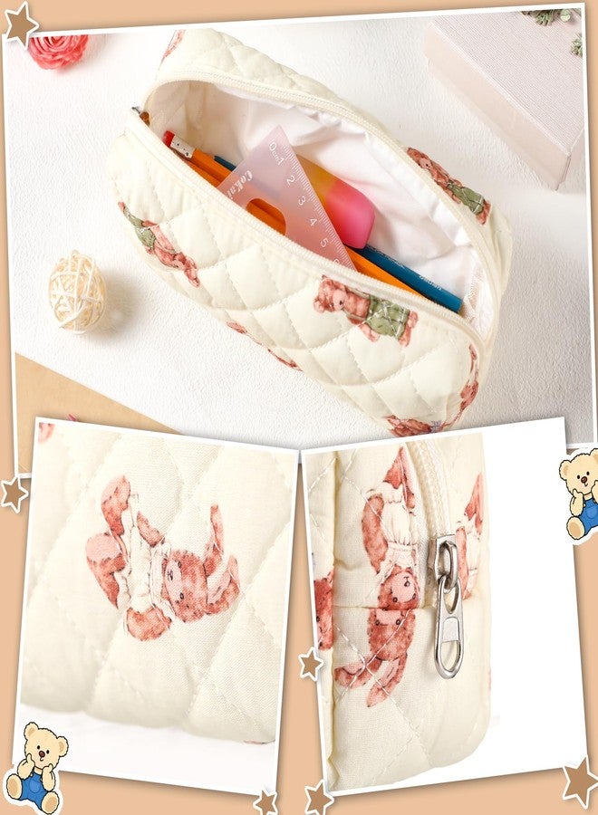 شير مقلمة شير كوكيت فيونكة وردية لطيفة، حقيبة تخزين قطنية ناعمة، حقيبة مكياج أنيقة، هدية مثالية، حقيبة سفر لمستحضرات التجميل للنساء، أبيض، 7.5 بوصة، بنمط الدب - Image 4