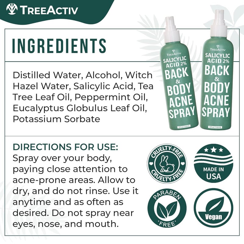 TreeActiv Salicylic Acid Back & Body Acne Spray, Back Acne Solution For Women And Men, Acne Body Spray with Tea Tree Oil, Fast-Drying Back Acne Spray, Fine Mist, Back Acne Spray, 4 fl oz, 2-pack - Image 4